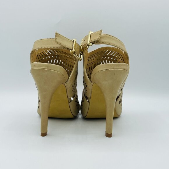 Express Shoes Womens Size 6.5 Tan Beige Heels Bootie Stiletto Ankle Strap Buckle - Picture 7 of 10